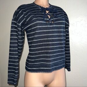 Lucky Brand Ladies Navy & White Striped Lace Up Pullover Sweatshirt sz S